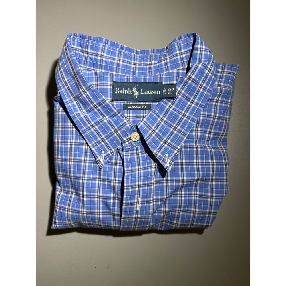 Ralph Lauren Classic Fit Blue White Plaid Button Down Shirt 3XB Big & Tall